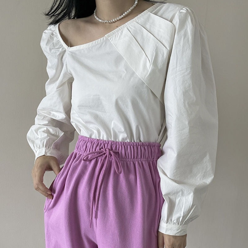 Women’s Asymmetrical Puff Sleeve Blouse Top