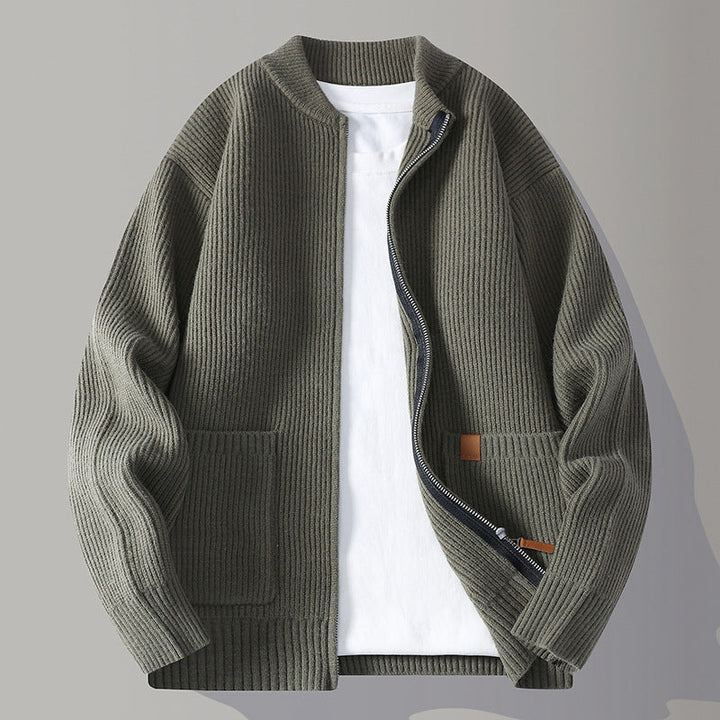 Men’s Ribbed Knit Zip Cardigan - Minimalist Textured Jacket