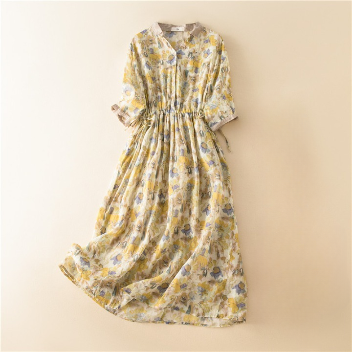 Chloe Linen Cotton Floral Midi Lightweight Dress