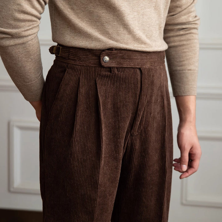 Men's Corduroy Pleated Dress High Waist Gurkha Pants