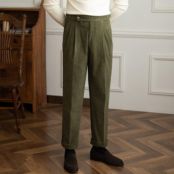 Men's Corduroy Pleated Dress High Waist Gurkha Pants