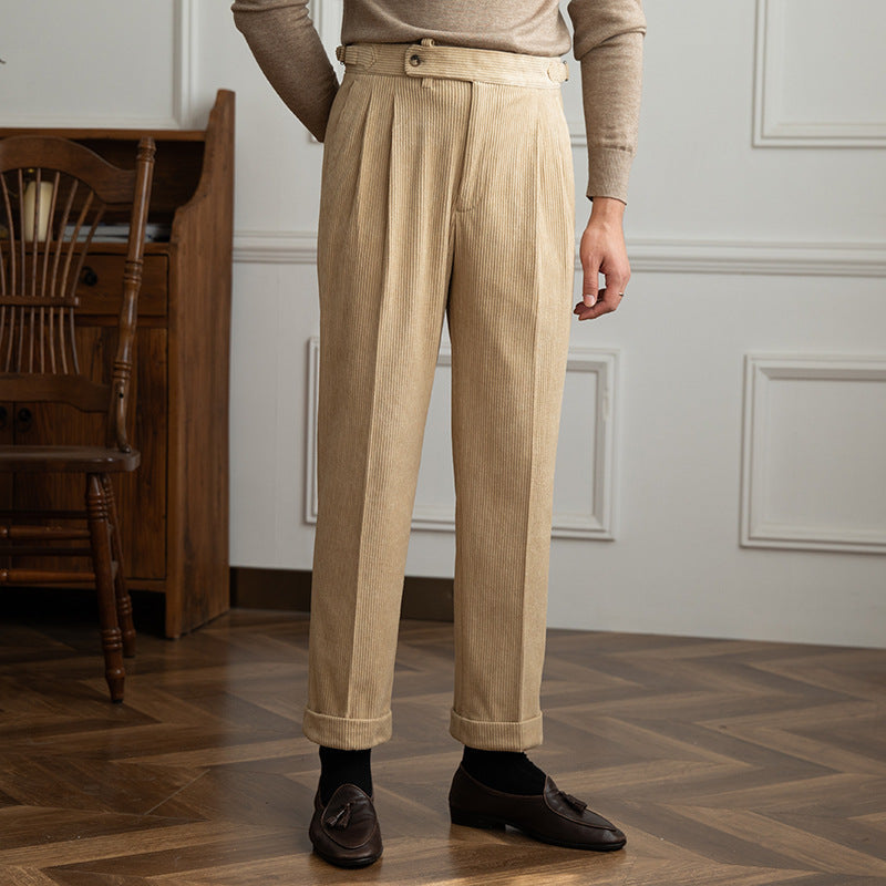 Men's Corduroy Pleated Dress High Waist Gurkha Pants