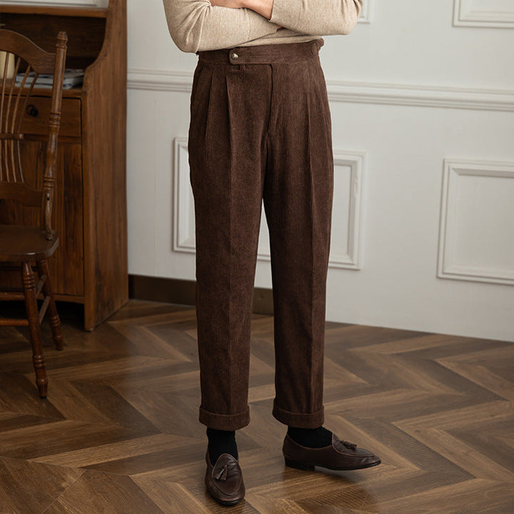 Men's Corduroy Pleated Dress High Waist Gurkha Pants