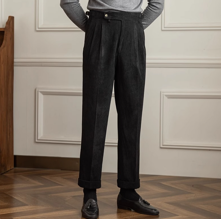 Men's Corduroy Pleated Dress High Waist Gurkha Pants