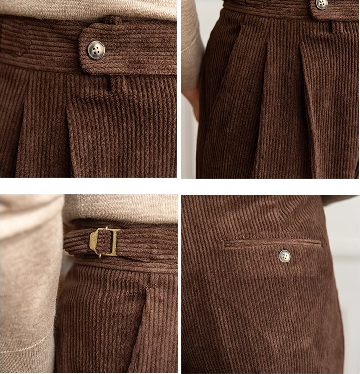 Men's Corduroy Pleated Dress High Waist Gurkha Pants