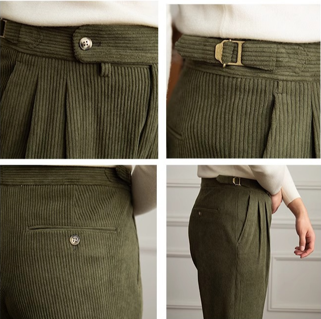 Men's Corduroy Pleated Dress High Waist Gurkha Pants