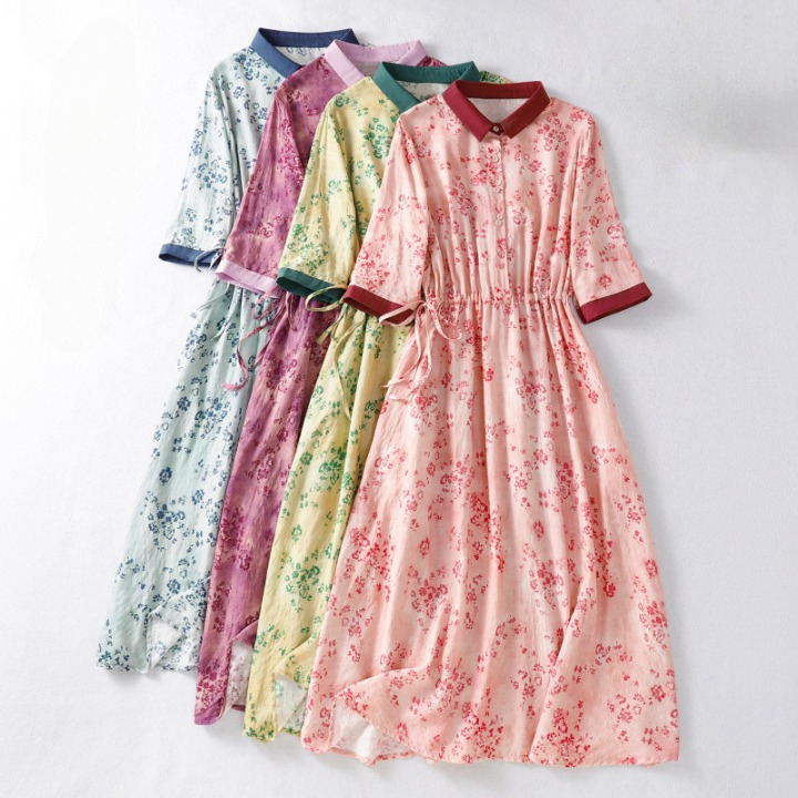 Cotton Floral Midi Dress for Women | Lightweight Drawstring Waist