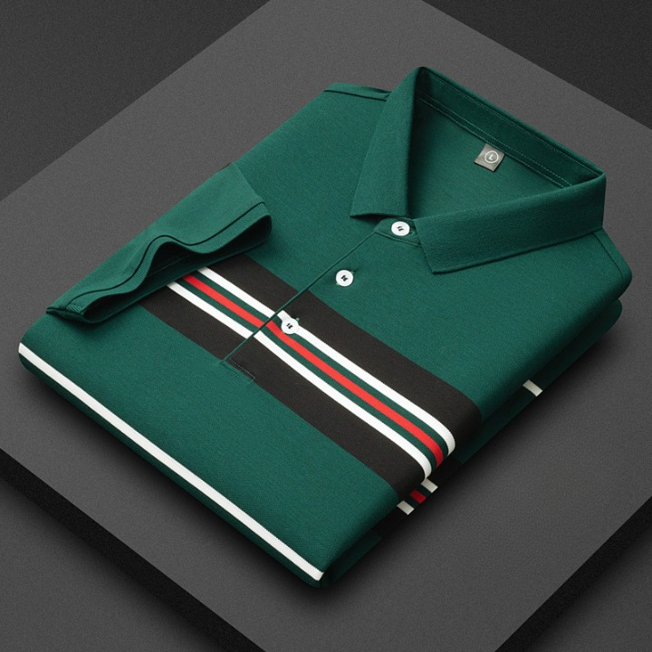 Men’s Cotton Striped Polo Shirt Casual Button Top
