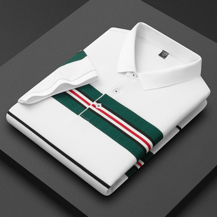 Men’s Cotton Striped Polo Shirt Casual Button Top