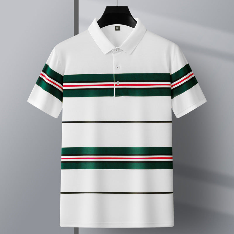 Men’s Cotton Striped Polo Shirt Casual Button Top