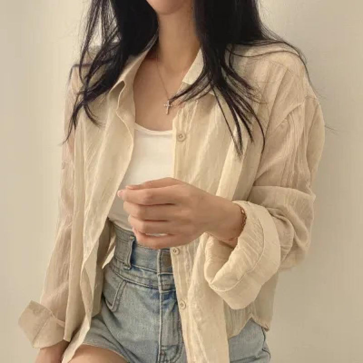 Women's Crinkled Long Sleeve Blouse Top