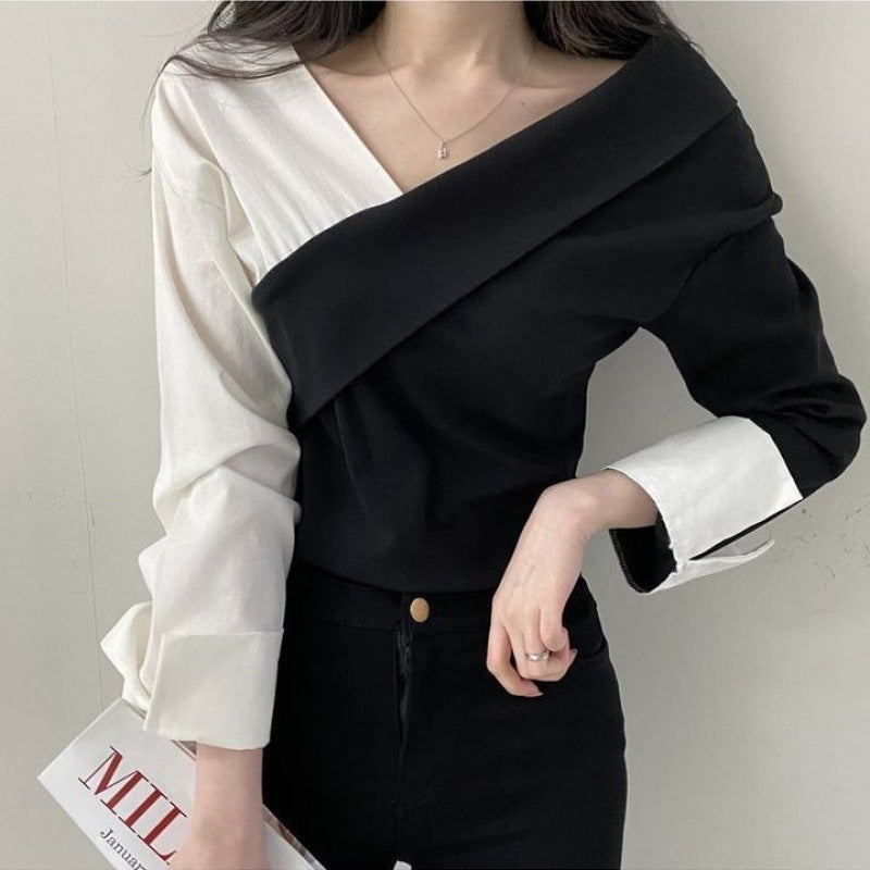 Women's Two-Tone Cross Asymmetrical Blouse