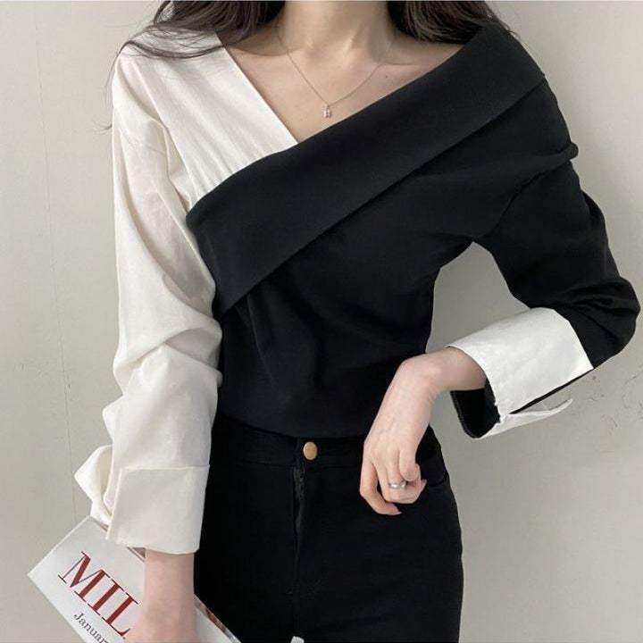 Women's Two-Tone Cross Asymmetrical Blouse