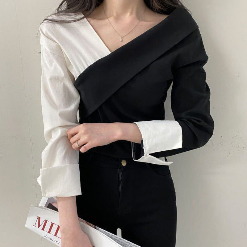 Women's Two-Tone Cross Asymmetrical Blouse