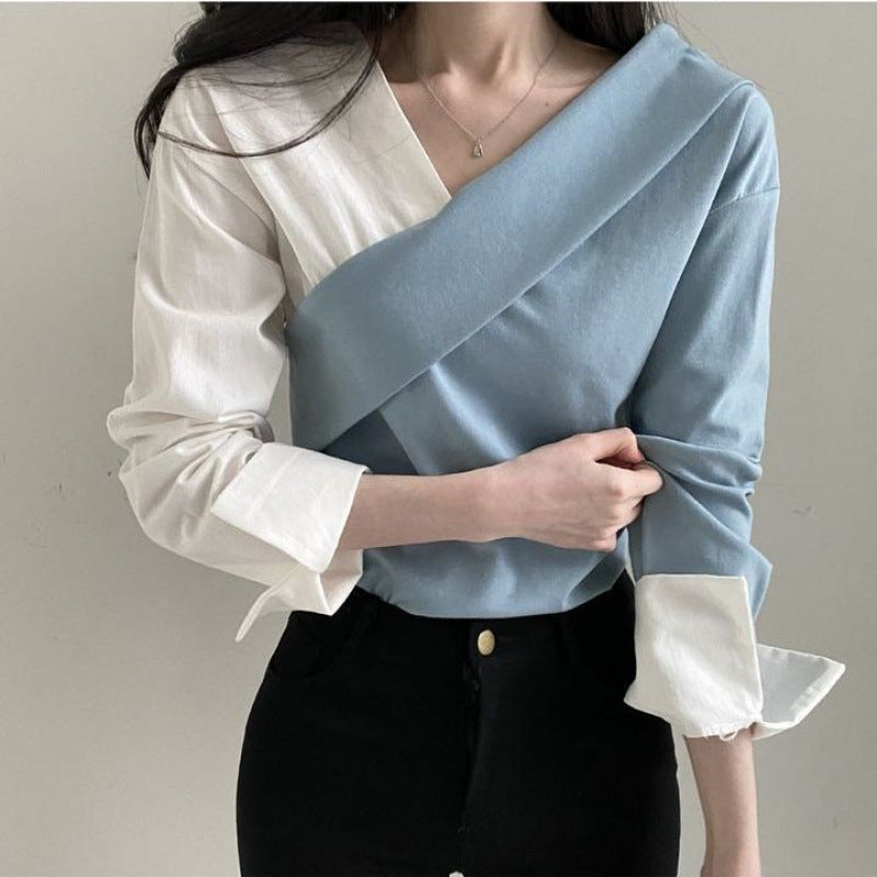 Women's Two-Tone Cross Asymmetrical Blouse