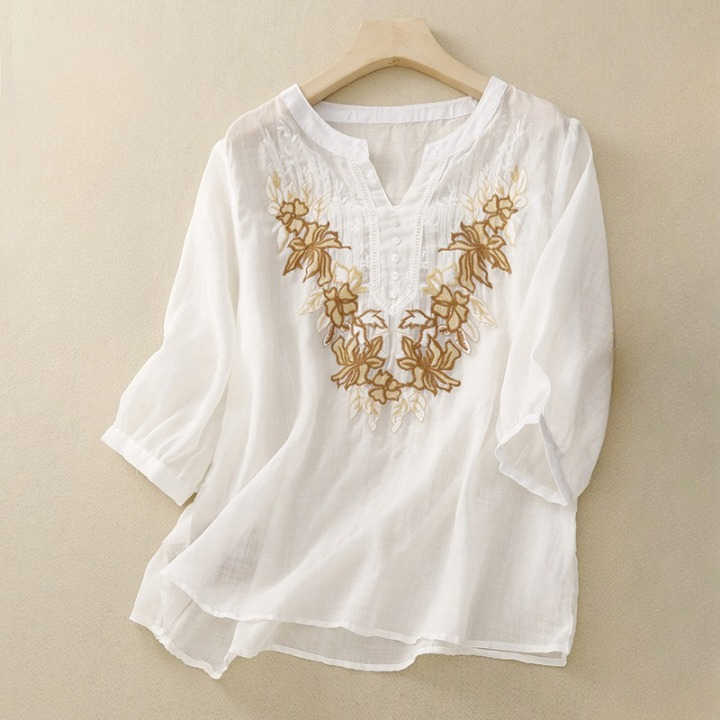 Women's Cotton Embroidered Floral V-Neck Blouse