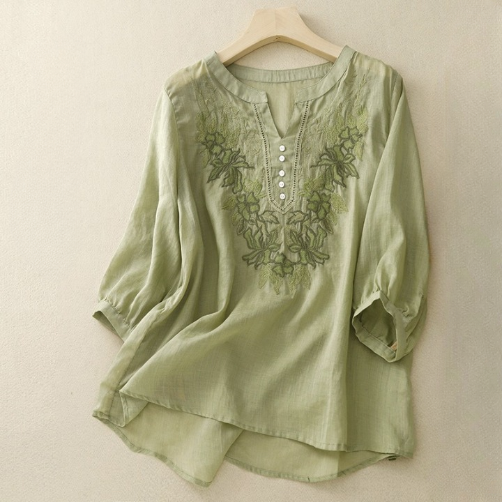 Women's Cotton Embroidered Floral V-Neck Blouse