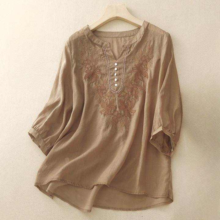 Women's Cotton Embroidered Floral V-Neck Blouse