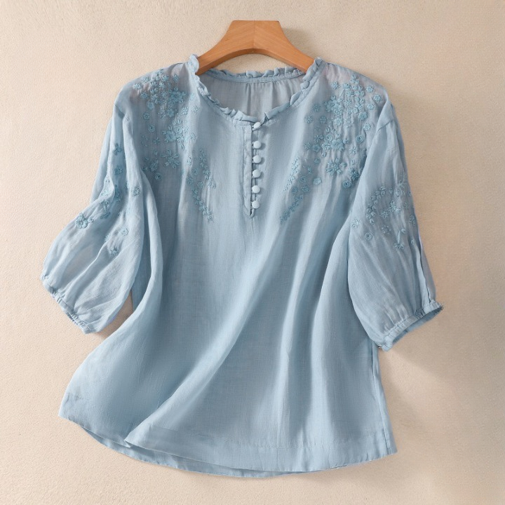 Women's Floral Embroidered Cotton Linen Blouse