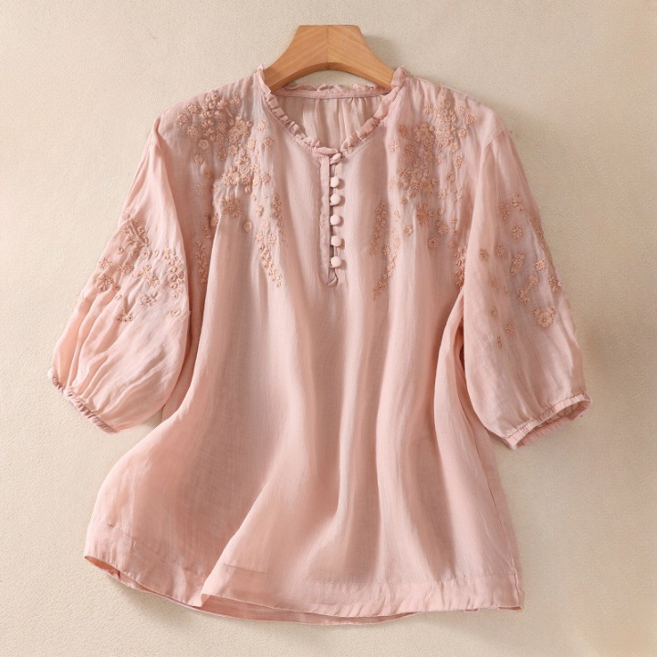 Women's Floral Embroidered Cotton Linen Blouse