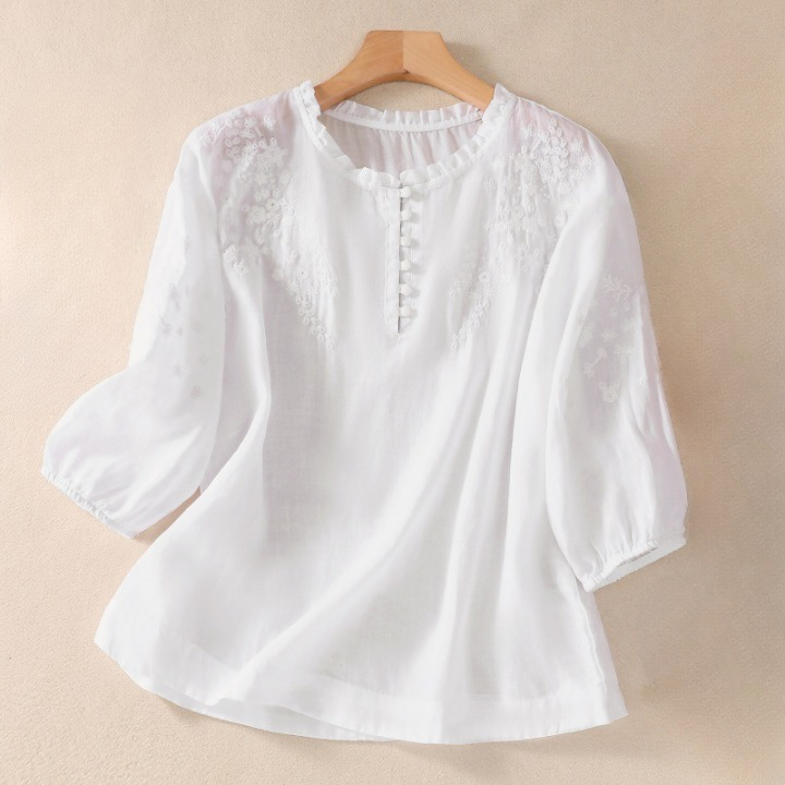 Women's Floral Embroidered Cotton Linen Blouse