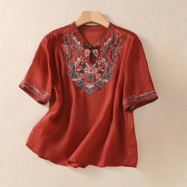 Women's Cotton Embroidered Floral Short Sleeve Blouse