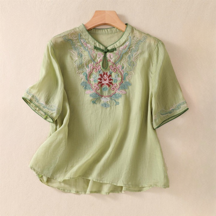 Women's Cotton Embroidered Floral Short Sleeve Blouse