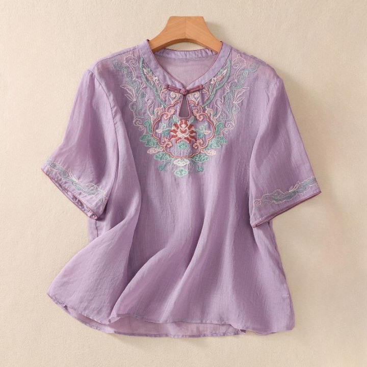 Women's Cotton Embroidered Floral Short Sleeve Blouse