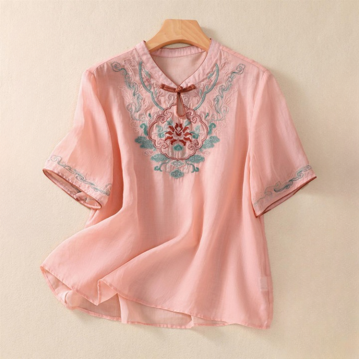 Women's Cotton Embroidered Floral Short Sleeve Blouse