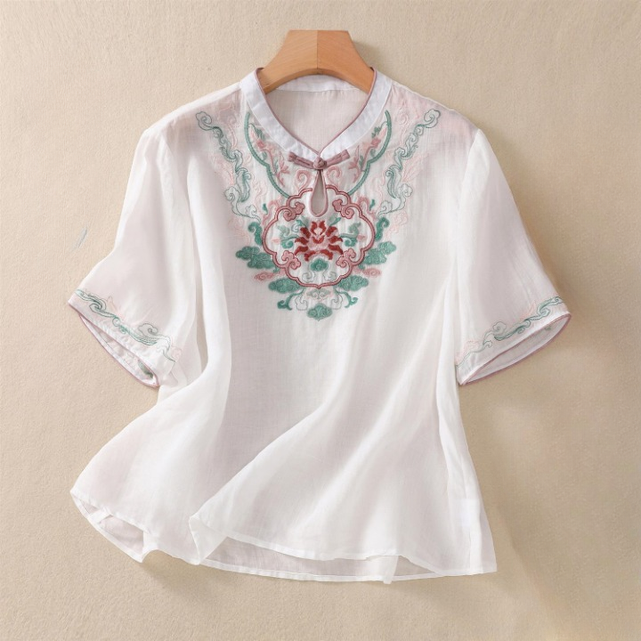 Women's Cotton Embroidered Floral Short Sleeve Blouse