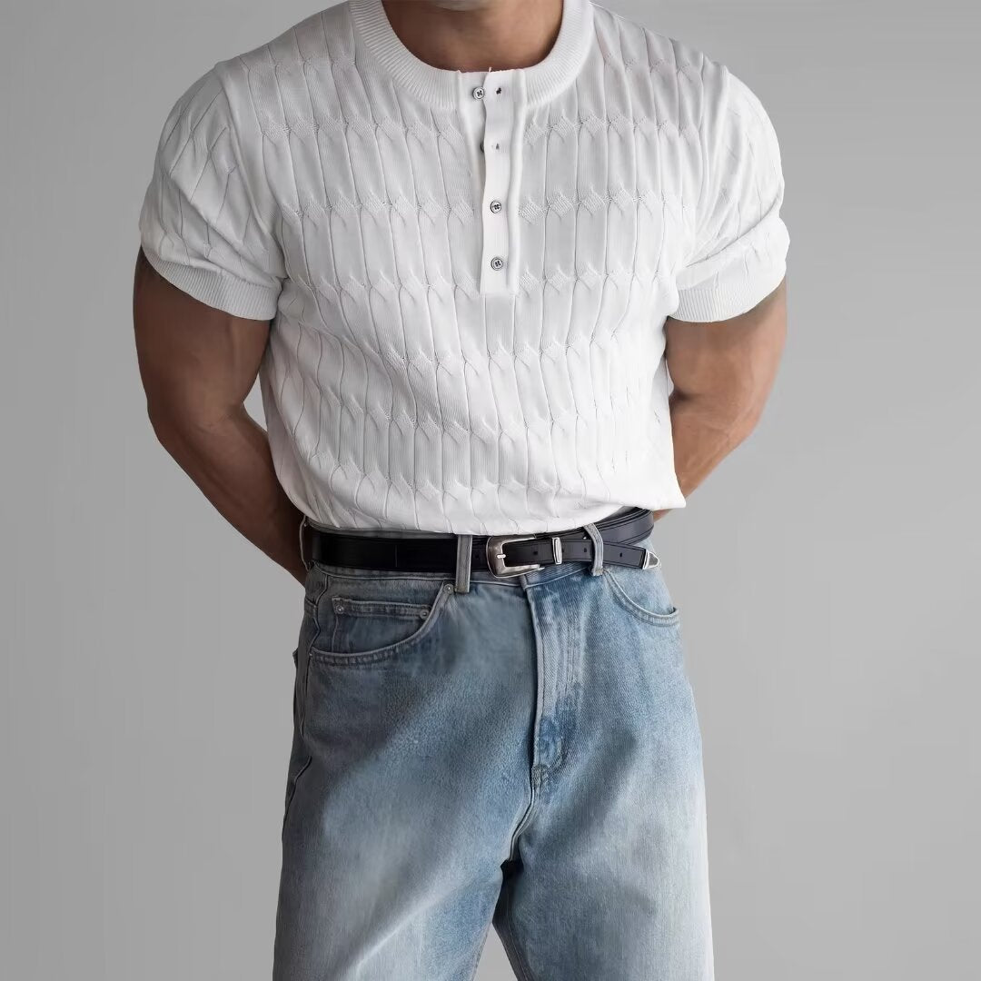 Men’s Textured Button Henley Shirt – Short Sleeve Casual Knit Top