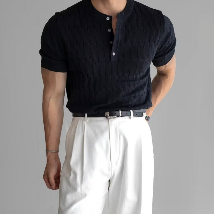 Men’s Textured Button Henley Shirt – Short Sleeve Casual Knit Top