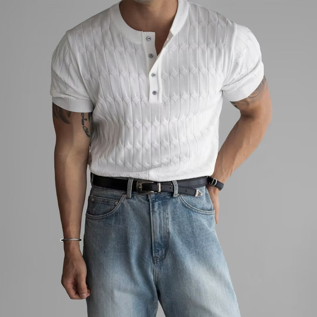 Men’s Textured Button Henley Shirt – Short Sleeve Casual Knit Top