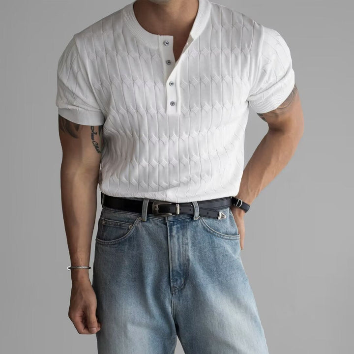 Men’s Textured Button Henley Shirt – Short Sleeve Casual Knit Top