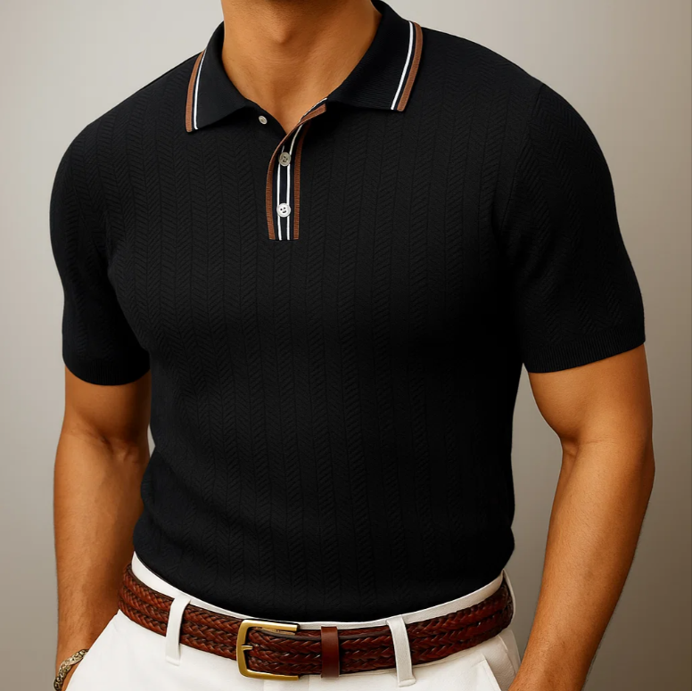 Men’s Herringbone Knit Polo Shirt | Vintage-Inspired Textured Design