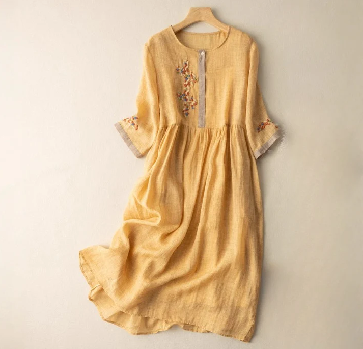 Juliet Linen Embroidered A Line Midi Dress