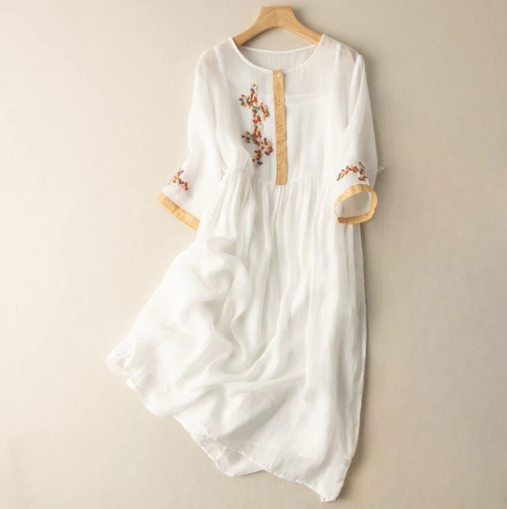 Juliet Linen Embroidered A Line Midi Dress