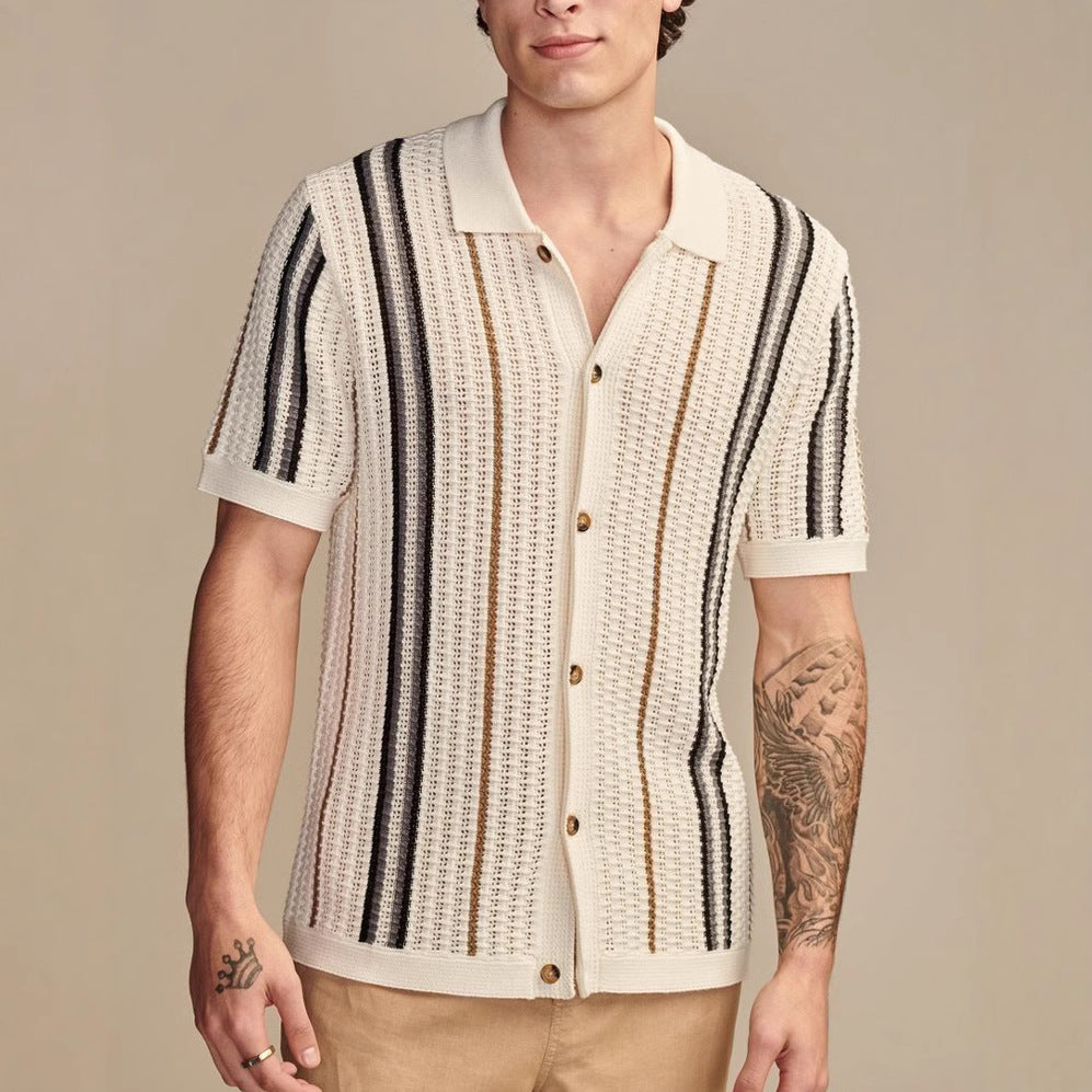 Men's Retro Striped Crochet Knit Shirt