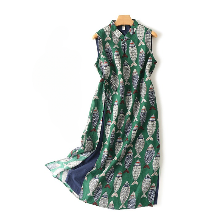 Women's Sleeveless Fish Pattern Linen Maxi Dress