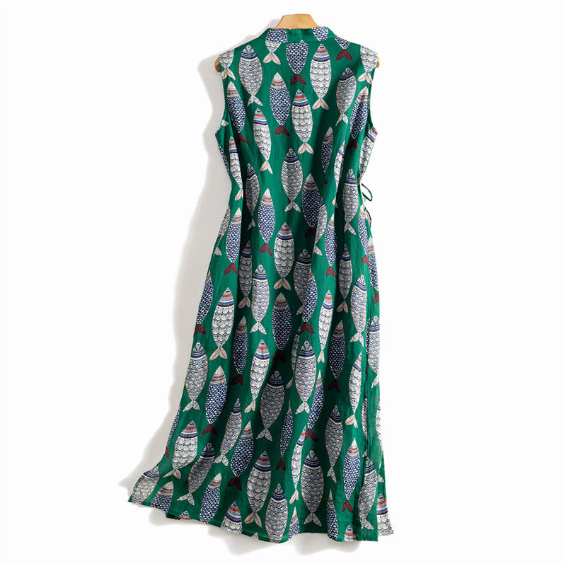 Women's Sleeveless Fish Pattern Linen Maxi Dress