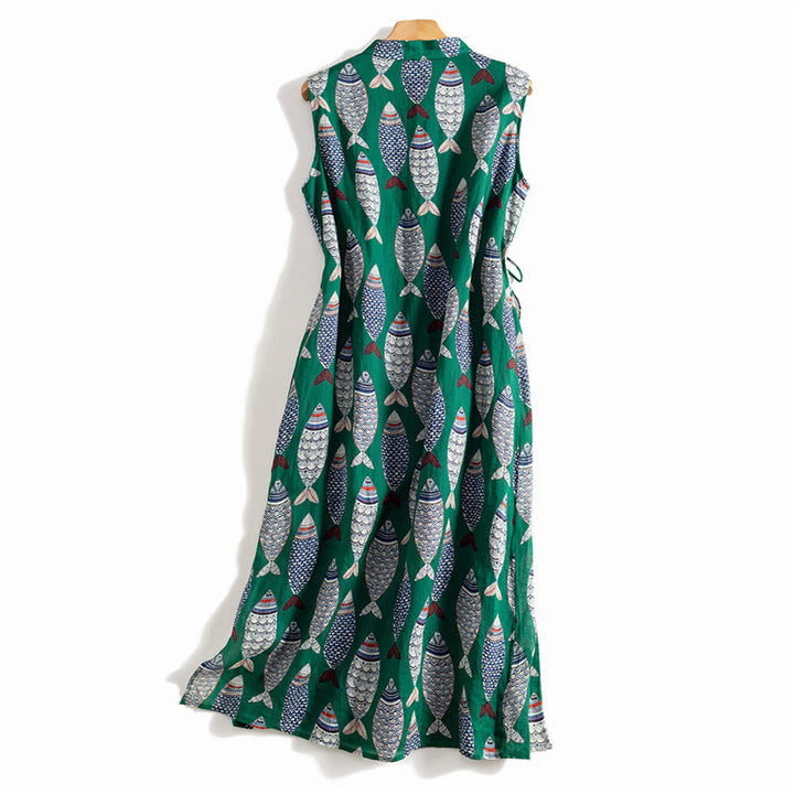 Women's Sleeveless Fish Pattern Linen Maxi Dress