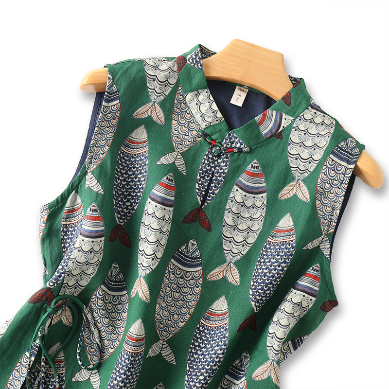 Women's Sleeveless Fish Pattern Linen Maxi Dress