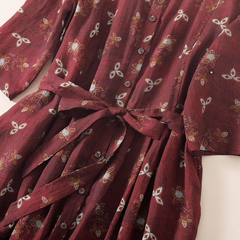 Women's Floral Belted Linen Maxi Dress