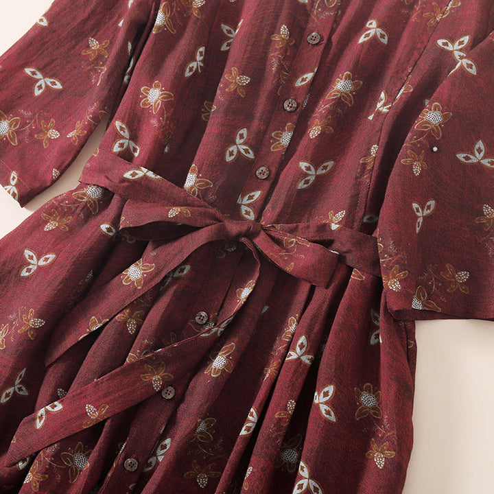 Women's Floral Belted Linen Maxi Dress