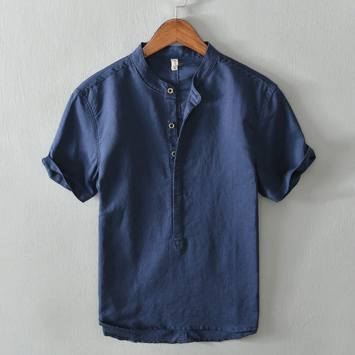 Men’s Linen Blend Mandarin Collar Short Sleeve Shirt