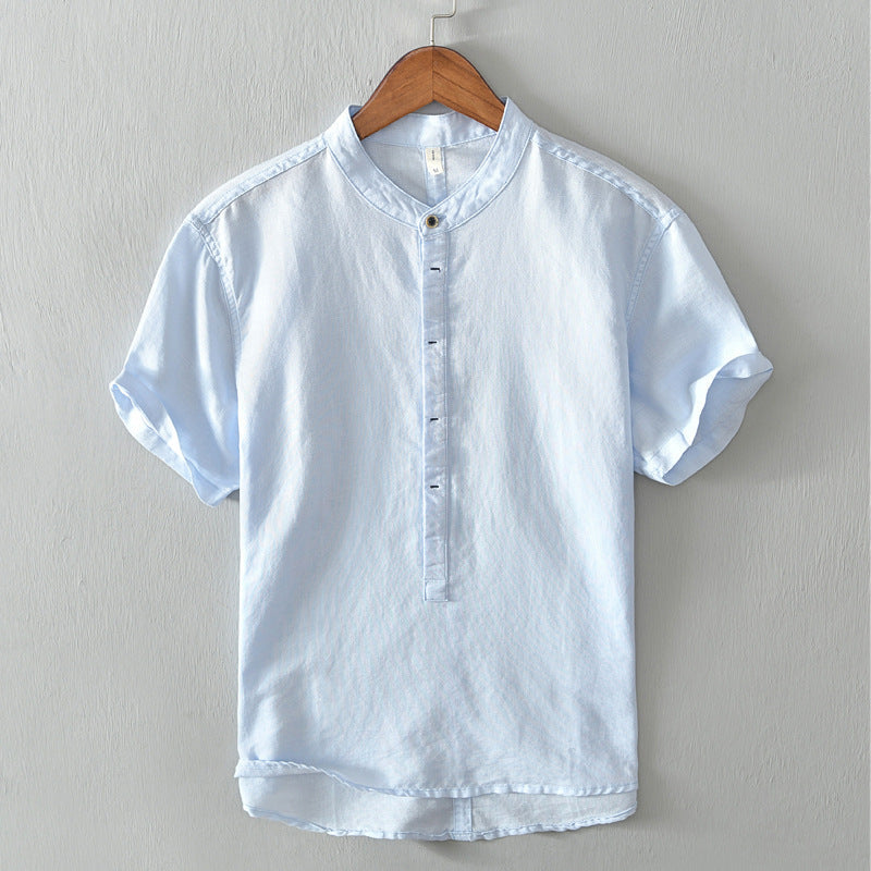 Men’s Linen Blend Mandarin Collar Short Sleeve Shirt