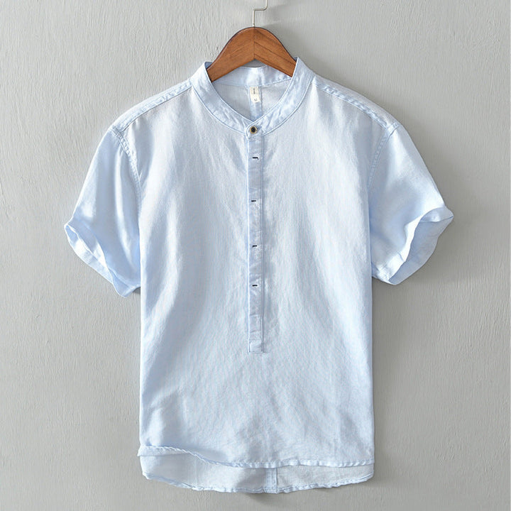 Men’s Linen Blend Mandarin Collar Short Sleeve Shirt