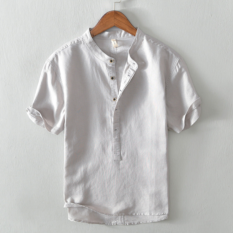 Men’s Linen Blend Mandarin Collar Short Sleeve Shirt