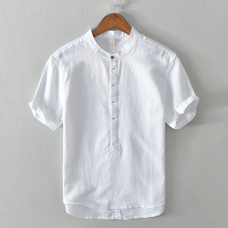 Men’s Linen Blend Mandarin Collar Short Sleeve Shirt