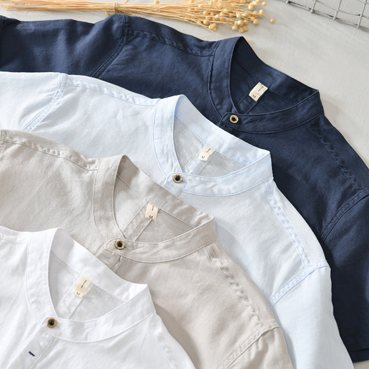 Men’s Linen Blend Mandarin Collar Short Sleeve Shirt